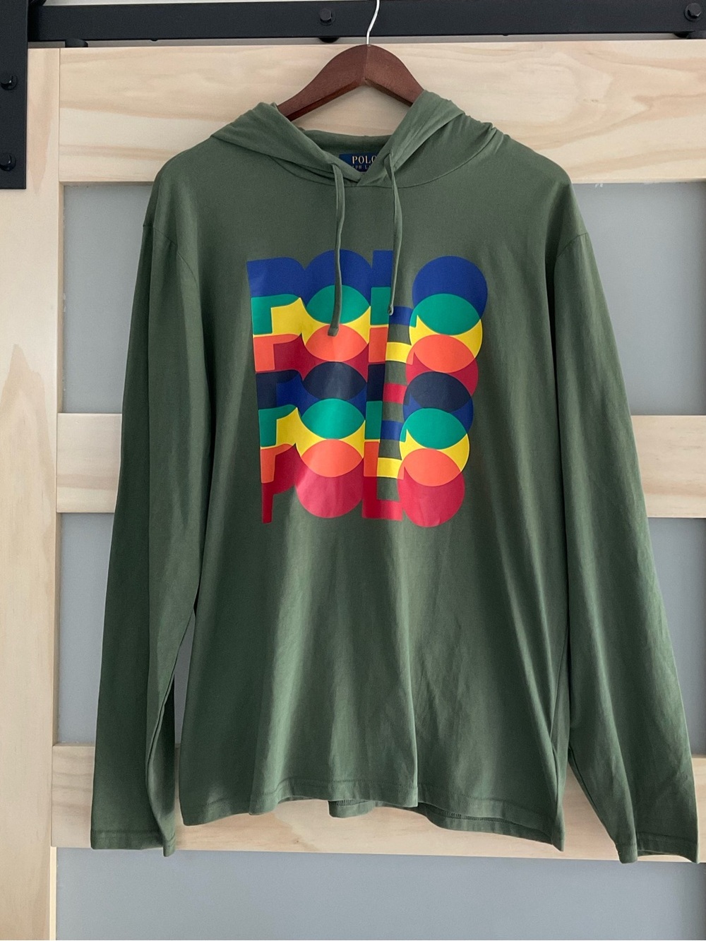 Polo Ralph Lauren Graphic Hoodie T-Shirt Green Long Sleeve Logo Tee Size L